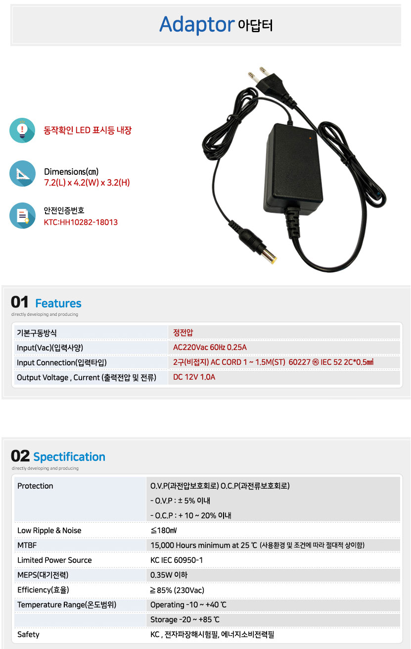 방범 보안 안전 경호 호신용품의 모든것 -세이프로- ☏ 02-400-9914 - DC12V 정전압 아답터